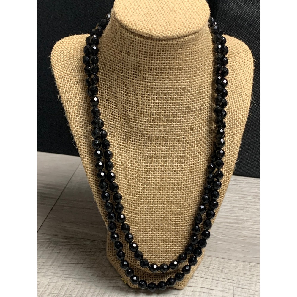 Vintage Double Strand Faceted Black Bead Necklace Rhinestone Clasp 24 Inch